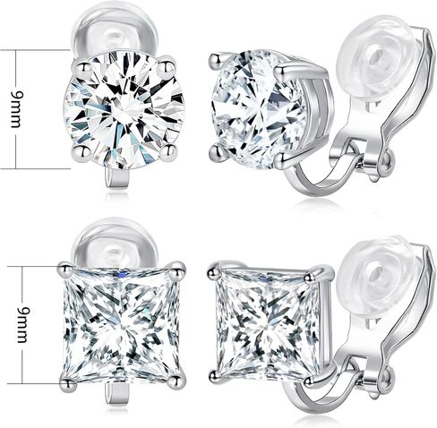 مجموعة من الأقراط ذات المشبك على شكل مكعب زركونيا مستديرة مربعة من الألماس المقلد للنساء والرجال غير مثقوبة ولا تسبب الحساسية للأذن الحساسة، مجموعة مطلية بالذهب الأبيض عيار 18 قيراط in Kuwait