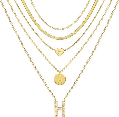 مجموعة قلادات أولية ذهبية مكونة من 5 قطع من YEEZII للنساء، قلادة بحروف شخصية مطلية بالذهب عيار 14 قيراط، قلادة أولية أنيقة بطبقات هدية للنساء in Kuwait