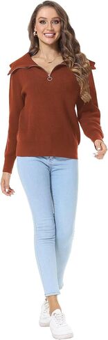 سترات نسائية نصف سحاب بياقة على شكل حرف V، بلوفر علوي مضلع محبوك مترهل in Kuwait