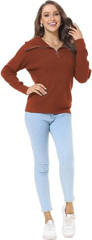 سترات نسائية نصف سحاب بياقة على شكل حرف V، بلوفر علوي مضلع محبوك مترهل in Kuwait