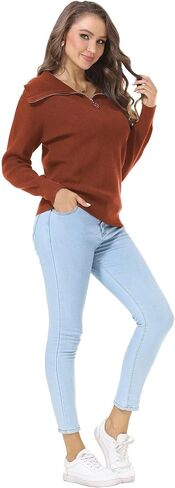 سترات نسائية نصف سحاب بياقة على شكل حرف V، بلوفر علوي مضلع محبوك مترهل in Kuwait