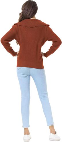 سترات نسائية نصف سحاب بياقة على شكل حرف V، بلوفر علوي مضلع محبوك مترهل in Kuwait