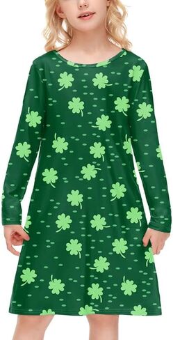 فستان BesserBay للفتيات من St Patricks Day Clover بأكمام طويلة وأخضر متوسط ​​الطول من 4 إلى 12 سنة in Saudi Arabia