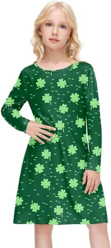 فستان BesserBay للفتيات من St Patricks Day Clover بأكمام طويلة وأخضر متوسط ​​الطول من 4 إلى 12 سنة in Saudi Arabia