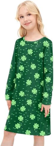 فستان BesserBay للفتيات من St Patricks Day Clover بأكمام طويلة وأخضر متوسط ​​الطول من 4 إلى 12 سنة in Saudi Arabia