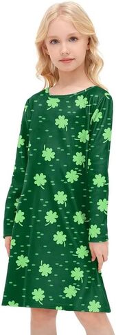 فستان BesserBay للفتيات من St Patricks Day Clover بأكمام طويلة وأخضر متوسط ​​الطول من 4 إلى 12 سنة in Saudi Arabia
