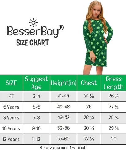 فستان BesserBay للفتيات من St Patricks Day Clover بأكمام طويلة وأخضر متوسط ​​الطول من 4 إلى 12 سنة in Saudi Arabia