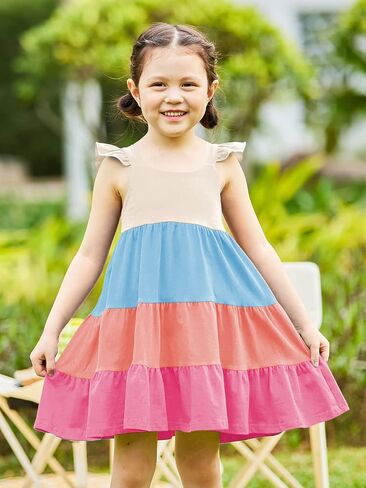 Vieille Toddler Girls Summer Dress Ruffle Casual Beach Sundress 2-8 Years | Toddler Tiered Dress, Ruffle Sleeveless, Cute Printed, Soft Fabric, Breathable, Summer Sundress for Daily, School, Beach in Saudi Arabia