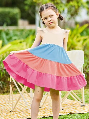 Vieille Toddler Girls Summer Dress Ruffle Casual Beach Sundress 2-8 Years | Toddler Tiered Dress, Ruffle Sleeveless, Cute Printed, Soft Fabric, Breathable, Summer Sundress for Daily, School, Beach in Saudi Arabia