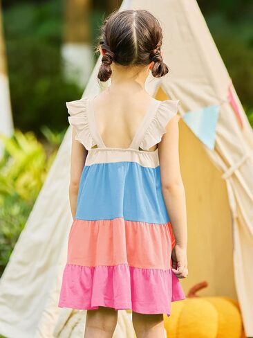 Vieille Toddler Girls Summer Dress Ruffle Casual Beach Sundress 2-8 Years | Toddler Tiered Dress, Ruffle Sleeveless, Cute Printed, Soft Fabric, Breathable, Summer Sundress for Daily, School, Beach in Saudi Arabia