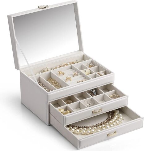 Vlando Jewelry Box 4-Tier,Jewelry Boxes & Organizers with Handle,3 Drawers Travel Jewelry Case with Mirror,Jewelry Storage,Earrings Necklace Rings Christmas Gift for Women Girl White in Kuwait