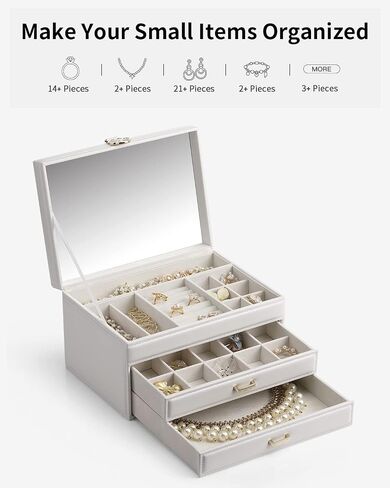Vlando Jewelry Box 4-Tier,Jewelry Boxes & Organizers with Handle,3 Drawers Travel Jewelry Case with Mirror,Jewelry Storage,Earrings Necklace Rings Christmas Gift for Women Girl White in Kuwait