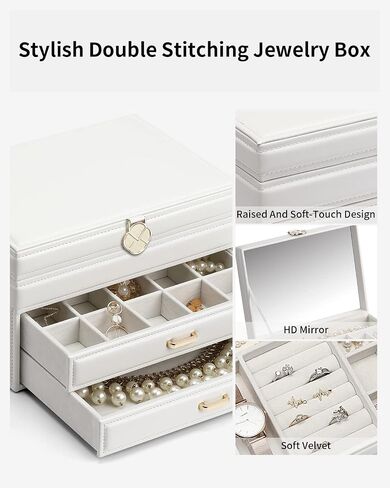 Vlando Jewelry Box 4-Tier,Jewelry Boxes & Organizers with Handle,3 Drawers Travel Jewelry Case with Mirror,Jewelry Storage,Earrings Necklace Rings Christmas Gift for Women Girl White in Kuwait