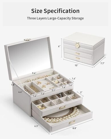 Vlando Jewelry Box 4-Tier,Jewelry Boxes & Organizers with Handle,3 Drawers Travel Jewelry Case with Mirror,Jewelry Storage,Earrings Necklace Rings Christmas Gift for Women Girl White in Kuwait