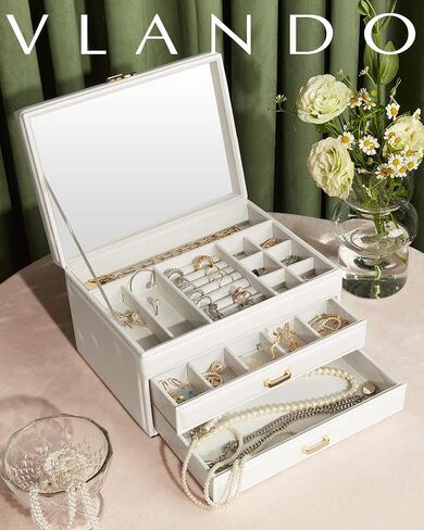 Vlando Jewelry Box 4-Tier,Jewelry Boxes & Organizers with Handle,3 Drawers Travel Jewelry Case with Mirror,Jewelry Storage,Earrings Necklace Rings Christmas Gift for Women Girl White in Kuwait