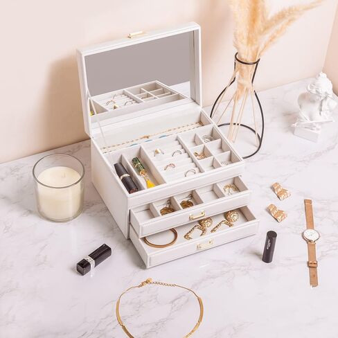 Vlando Jewelry Box 4-Tier,Jewelry Boxes & Organizers with Handle,3 Drawers Travel Jewelry Case with Mirror,Jewelry Storage,Earrings Necklace Rings Christmas Gift for Women Girl White in Kuwait