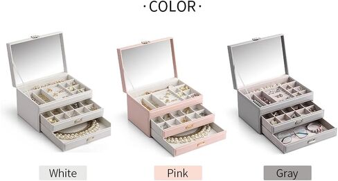 Vlando Jewelry Box 4-Tier,Jewelry Boxes & Organizers with Handle,3 Drawers Travel Jewelry Case with Mirror,Jewelry Storage,Earrings Necklace Rings Christmas Gift for Women Girl White in Kuwait