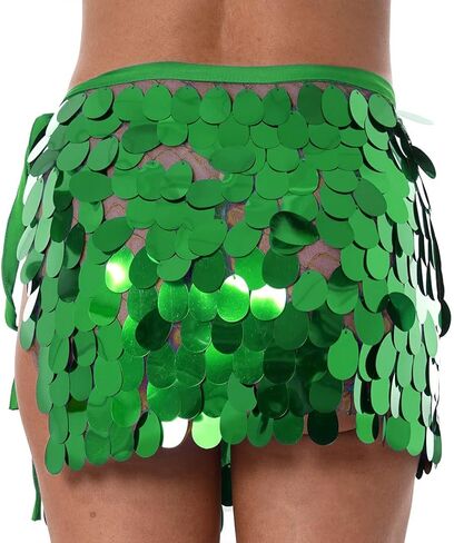 REETAN Sequins Belly Skirt Fashion Short Adjustable Skirt Rave Party Performance Skirt Costume for Women and Girls in Kuwait