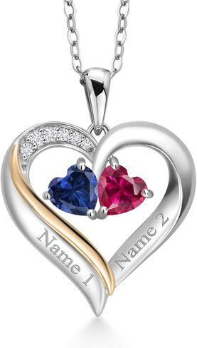 قلادة من الفضة الاسترليني عيار 925 والذهب الأصفر عيار 10 قيراط منقوشة حسب الطلب وشخصية من الأحجار الكريمة والألماس الأبيض المزروع في المختبر قلادة على شكل قلبين للنساء مع سلسلة فضية مقاس 18 بوصة in Kuwait