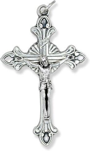 Bulk Pack of 5 - Large Flared Sunburst Fleur-De-Lis Crucifix Rosary Part - 2 1/8" Italian Silver Oxidized Finish Cross for Rosary Making Rosary Making Supplies, Made in Italy in Saudi Arabia