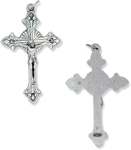 Bulk Pack of 5 - Large Flared Sunburst Fleur-De-Lis Crucifix Rosary Part - 2 1/8" Italian Silver Oxidized Finish Cross for Rosary Making Rosary Making Supplies, Made in Italy in Saudi Arabia