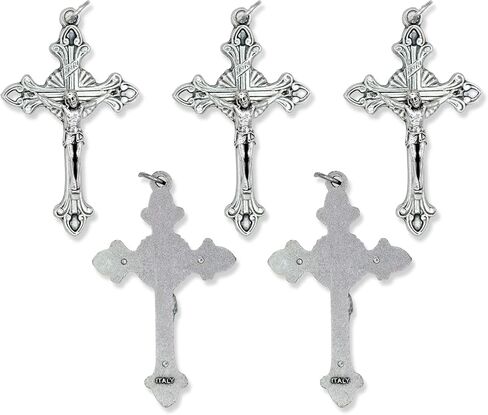 Bulk Pack of 5 - Large Flared Sunburst Fleur-De-Lis Crucifix Rosary Part - 2 1/8" Italian Silver Oxidized Finish Cross for Rosary Making Rosary Making Supplies, Made in Italy in Saudi Arabia