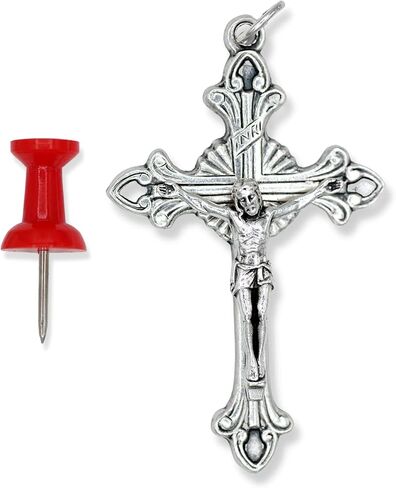 Bulk Pack of 5 - Large Flared Sunburst Fleur-De-Lis Crucifix Rosary Part - 2 1/8" Italian Silver Oxidized Finish Cross for Rosary Making Rosary Making Supplies, Made in Italy in Saudi Arabia