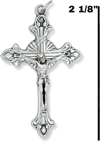 Bulk Pack of 5 - Large Flared Sunburst Fleur-De-Lis Crucifix Rosary Part - 2 1/8" Italian Silver Oxidized Finish Cross for Rosary Making Rosary Making Supplies, Made in Italy in Saudi Arabia