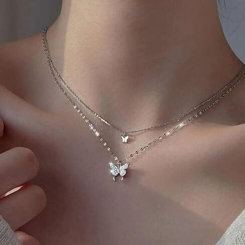 YienDoo Boho Layered Crystal Butterfly Necklace Choker Vintage Silver Tiny Butterfly Pendant Necklace Funky Rhinestone Butterfly Choker Rock Statement Necklace Charm Jewelry for Women and Girls in Kuwait