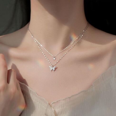 YienDoo Boho Layered Crystal Butterfly Necklace Choker Vintage Silver Tiny Butterfly Pendant Necklace Funky Rhinestone Butterfly Choker Rock Statement Necklace Charm Jewelry for Women and Girls in Kuwait
