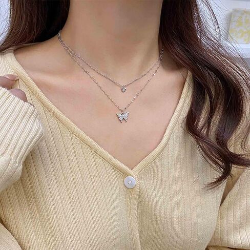 YienDoo Boho Layered Crystal Butterfly Necklace Choker Vintage Silver Tiny Butterfly Pendant Necklace Funky Rhinestone Butterfly Choker Rock Statement Necklace Charm Jewelry for Women and Girls in Kuwait