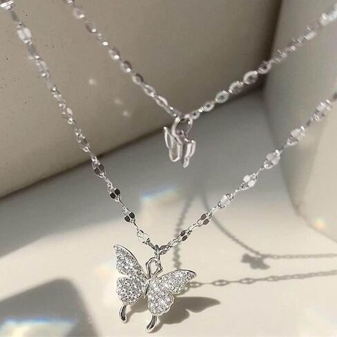 YienDoo Boho Layered Crystal Butterfly Necklace Choker Vintage Silver Tiny Butterfly Pendant Necklace Funky Rhinestone Butterfly Choker Rock Statement Necklace Charm Jewelry for Women and Girls in Kuwait