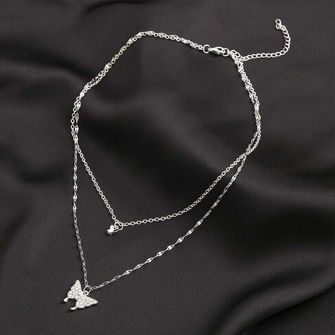 YienDoo Boho Layered Crystal Butterfly Necklace Choker Vintage Silver Tiny Butterfly Pendant Necklace Funky Rhinestone Butterfly Choker Rock Statement Necklace Charm Jewelry for Women and Girls in Kuwait