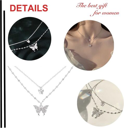 YienDoo Boho Layered Crystal Butterfly Necklace Choker Vintage Silver Tiny Butterfly Pendant Necklace Funky Rhinestone Butterfly Choker Rock Statement Necklace Charm Jewelry for Women and Girls in Kuwait
