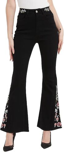 Anna-Kaci Womens Floral Daisy Embroidered Mid Rise Bell Bottom Flare Frayed Hem Jeans in Kuwait