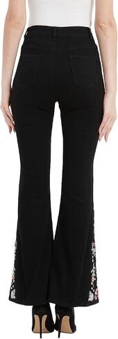 Anna-Kaci Womens Floral Daisy Embroidered Mid Rise Bell Bottom Flare Frayed Hem Jeans in Kuwait