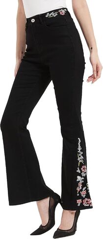 Anna-Kaci Womens Floral Daisy Embroidered Mid Rise Bell Bottom Flare Frayed Hem Jeans in Kuwait