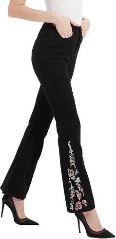 Anna-Kaci Womens Floral Daisy Embroidered Mid Rise Bell Bottom Flare Frayed Hem Jeans in Kuwait