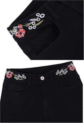 Anna-Kaci Womens Floral Daisy Embroidered Mid Rise Bell Bottom Flare Frayed Hem Jeans in Kuwait