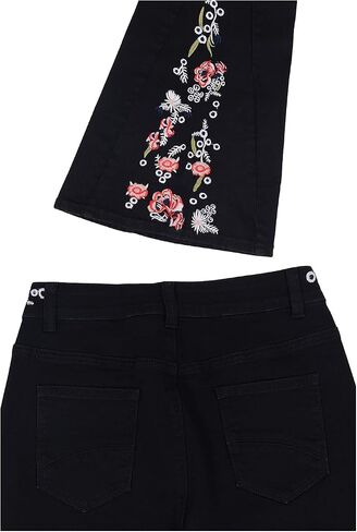 Anna-Kaci Womens Floral Daisy Embroidered Mid Rise Bell Bottom Flare Frayed Hem Jeans in Kuwait