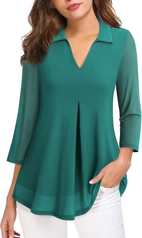 بلوزات نسائية من VALOLIA بأكمام 3/4 شبكية وطبقات مزدوجة وقمصان كاجوال برقبة على شكل حرف V وقمصان زهرية in Kuwait