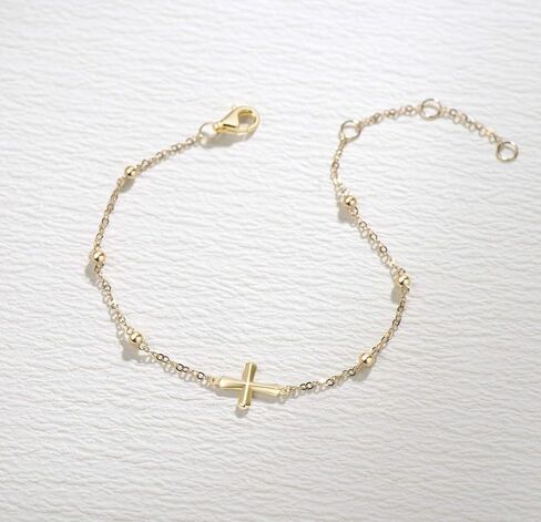 FANCIME 14k Solid Yellow Gold Cross Crucifix Strand Station Bracelet Dainty Everyday Fine Minimalist Jewelry Cute Anniversary Mother's Day Gifts for Women, 6.7" + 1.2" in Saudi Arabia