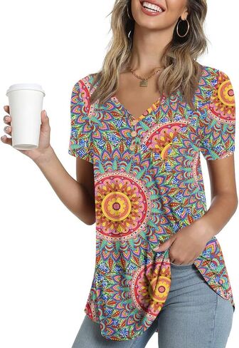AWULIFFAN Womens Summer Short Sleeve Tunic Tops Loose Fit Casual T-Shirt Button Up Blouses in Kuwait