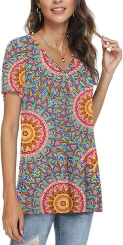 AWULIFFAN Womens Summer Short Sleeve Tunic Tops Loose Fit Casual T-Shirt Button Up Blouses in Kuwait