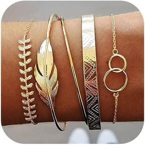 سكيهتال مجموعة اساور كلاسيكية ذهبية الطبقات دائرية قابلة للتكديس مفتوحة على شكل ورقة شجر مجوهرات للنساء والفتيات (5 قطع), معدن in Kuwait