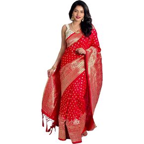 ساري هندي تقليدي للنساء من كنيتلي، ساري هندي تقليدي بزاري بيور زاري مع بلوزة غير مخيطة من كنتلي، احمر، مجاني in Kuwait