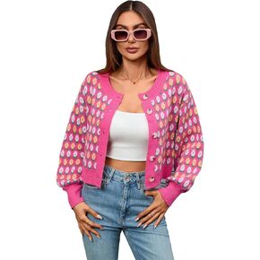 WDIRARA Women's Floral Button Down Ribbed Knit Crew Neck Cropped Cardigan Sweater