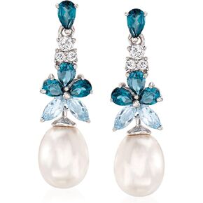 لؤلؤة روس سيمونز 8.5-9 ملم و2.30 قيراط. t.w. أقراط متدلية من التوباز الأزرق والأبيض من الفضة الاسترليني in Kuwait