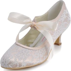 ELEGANTPARK Wedding Shoes for Bride, Closed Toe Lace Mary Jane Heels | Adjustable Ribbon Tie, 2 Inch Low Heel Pumps for Wedding Guest, Bridesmaid, Bridal Reception, Evening and Formal Event in Kuwait