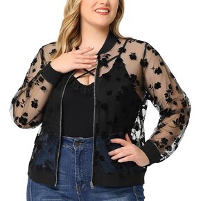 Agnes Orinda Plus Size Jackets for Women Sheer Floral Lace Long Sleeve Baseball Jacket